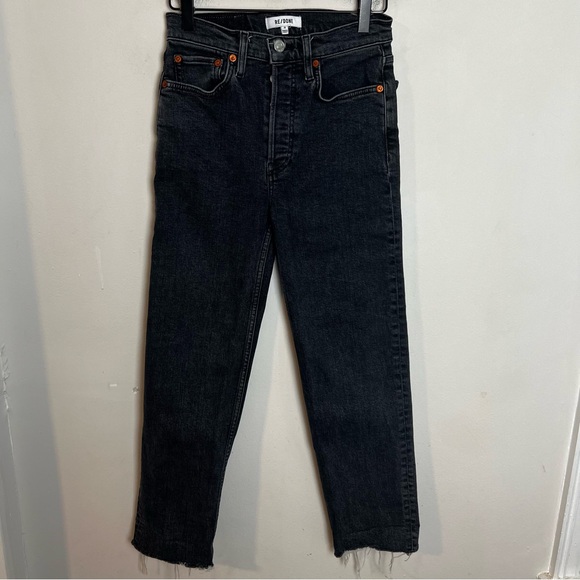 RE/DONE- Originals 70's Stove Pipe in Stoned Noir Raw Hem Black Denim Jeans - Picture 2 of 9